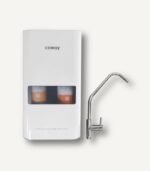 Full set of Coway P-160AL All-in-One Undersink Water Purifier featuring a sleek white main unit with a filter viewing window and a premium chrome dedicated faucet.