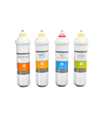 Detailed view of Coway P-160AL All-in-One Undersink Water Purifier filter set including Sediment, Neo-Sense, RO Membrane, and Plus Innosense filters.
