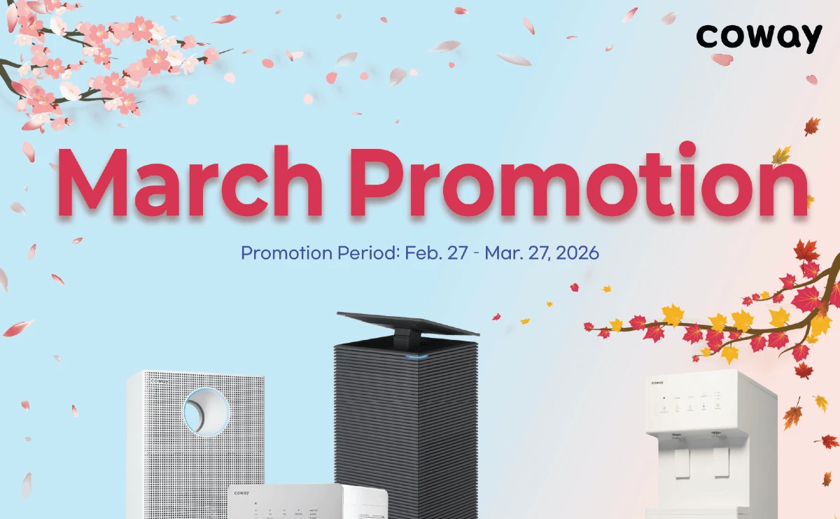 Coway USA March Promotion 2026 official banner with a cherry blossom spring theme. Showcases top-rated home appliances including the Noble Air Purifier and Countertop Water Purifier. Promotion period: Feb. 27 – Mar. 27, 2026.