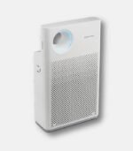 Side-angle view of the white Coway AP-1018F slim air purifier, highlighting its compact and space-saving 7.2-inch profile.