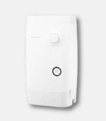 Detailed front view of the white Coway BB-14A Water Softener featuring a central mode switching dial and a reset button at the bottom for easy maintenance.