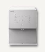Front view of the white Coway CHP-6330L countertop water purifier, showcasing its minimalist design and intuitive touch control panel for hot, cold, and ambient water.