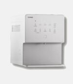 Angled view of the white Coway CHP-6330L countertop water purifier, showcasing its sleek, space-saving profile, open dispensing area, and top touch control panel.