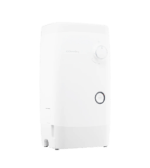 Full view of the white Coway BB-14A BASH Water Softener on a transparent background, featuring a sleek minimalist design and a round control dial.