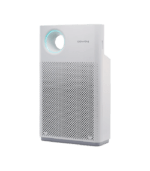 Full view of the white Coway AP-1018F Slim Air Purifier with a minimalist design, perforated front grill, and a circular LED air quality indicator on a transparent background.