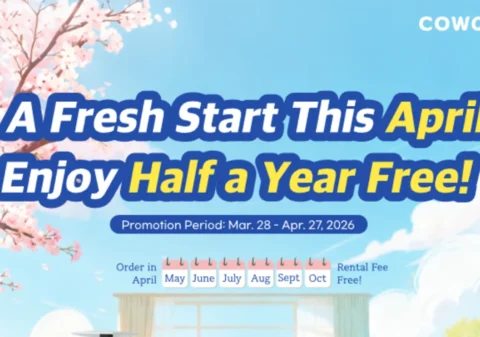 Promotional banner for Coway USA April 2026 sale, titled 'A Fresh Start This April. Enjoy Half a Year Free!'. The image features cherry blossoms and a blue sky, highlighting a 6-month rental fee waiver for specific months (April to October) valid from March 28 to April 27, 2026.