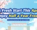 Promotional banner for Coway USA April 2026 sale, titled 'A Fresh Start This April. Enjoy Half a Year Free!'. The image features cherry blossoms and a blue sky, highlighting a 6-month rental fee waiver for specific months (April to October) valid from March 28 to April 27, 2026.