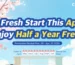 Promotional banner for Coway USA April 2026 sale, titled 'A Fresh Start This April. Enjoy Half a Year Free!'. The image features cherry blossoms and a blue sky, highlighting a 6-month rental fee waiver for specific months (April to October) valid from March 28 to April 27, 2026.