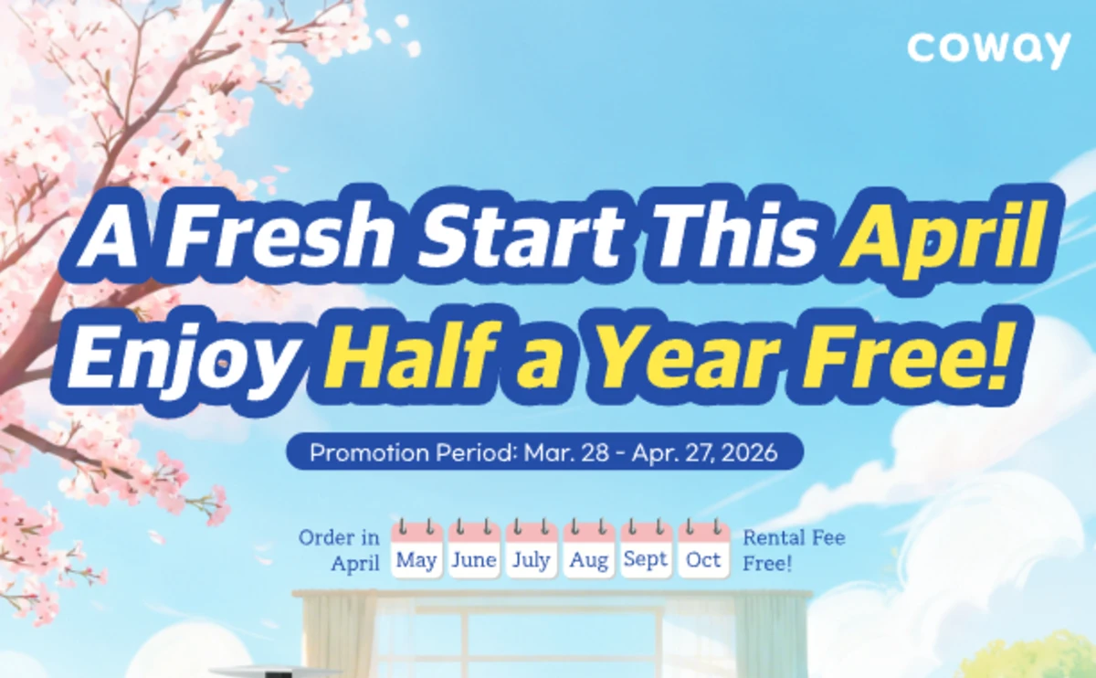 Promotional banner for Coway USA April 2026 sale, titled 'A Fresh Start This April. Enjoy Half a Year Free!'. The image features cherry blossoms and a blue sky, highlighting a 6-month rental fee waiver for specific months (April to October) valid from March 28 to April 27, 2026.