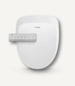Coway Premium Bidet (BAS-42A) main unit and its matching wireless remote control set, featuring a minimalist white design.