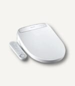 Coway Self-Cleaning Bidet (BAS-22A) in white, shown with its wireless remote control featuring intuitive buttons for easy operation.
