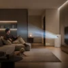 Coway Airmega 150 AP-1523D air purifier in a modern living room showing 10-meter powerful airflow for whole-home purification.
