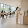 Modern office cafe interior featuring the slim white Coway CHP-5722L Core floor-standing water purifier, providing high-capacity hot and cold water for professional environments.