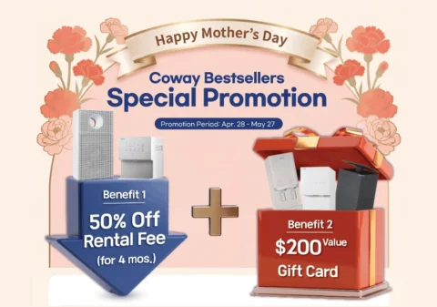 Coway USA May Family Month Promotion banner celebrating Mother's Day (Apr 28 - May 27, 2026). Features a floral background with gift boxes, offering "Benefit 1: 50% Off Rental Fee for 4 months" and "Benefit 2: $200 Value Gift Card" for best-selling water and air purifiers.