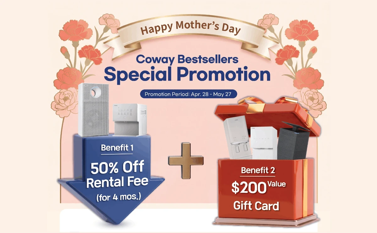 Coway USA May Family Month Promotion banner celebrating Mother's Day (Apr 28 - May 27, 2026). Features a floral background with gift boxes, offering "Benefit 1: 50% Off Rental Fee for 4 months" and "Benefit 2: $200 Value Gift Card" for best-selling water and air purifiers.