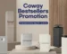 Coway Bestsellers Promotion feature banner displaying a modern home appliance showroom with premium white and charcoal gray water purifiers, air purifiers, and a bidet next to the promotion title and period (May 29 - June 26).