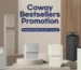 Coway Bestsellers Promotion feature banner displaying a modern home appliance showroom with premium white and charcoal gray water purifiers, air purifiers, and a bidet next to the promotion title and period (May 29 - June 26).