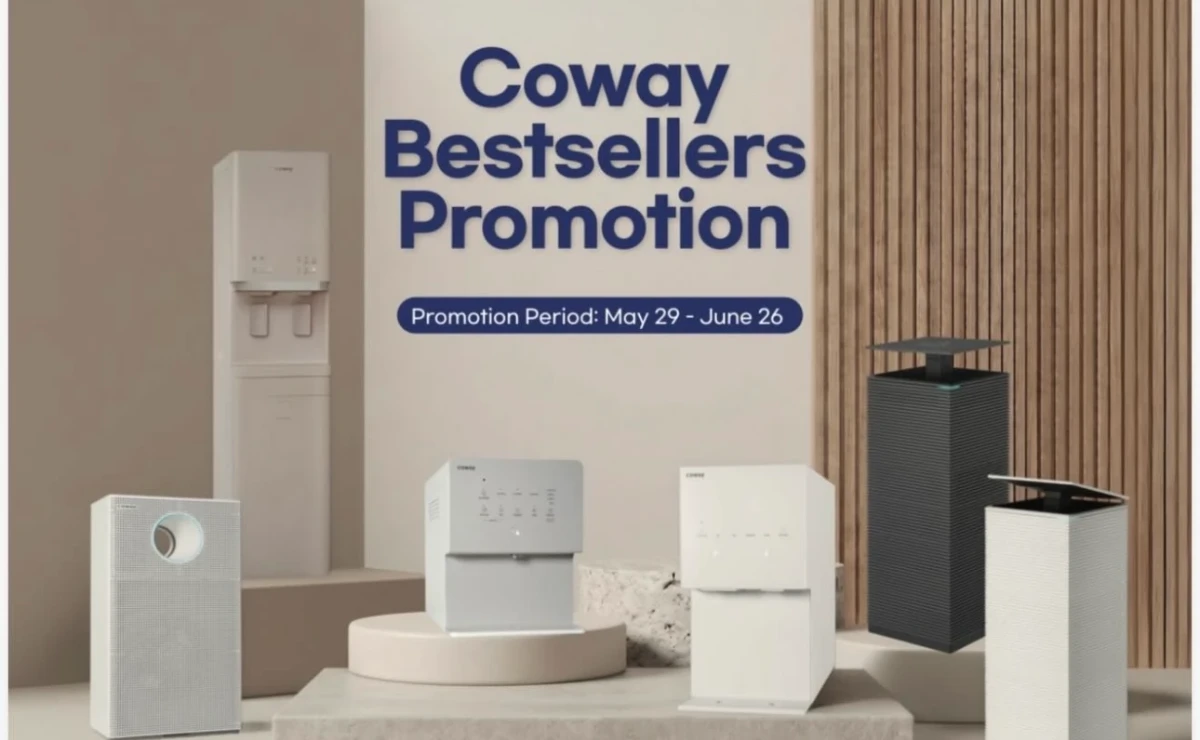 Coway Bestsellers Promotion feature banner displaying a modern home appliance showroom with premium white and charcoal gray water purifiers, air purifiers, and a bidet next to the promotion title and period (May 29 - June 26).