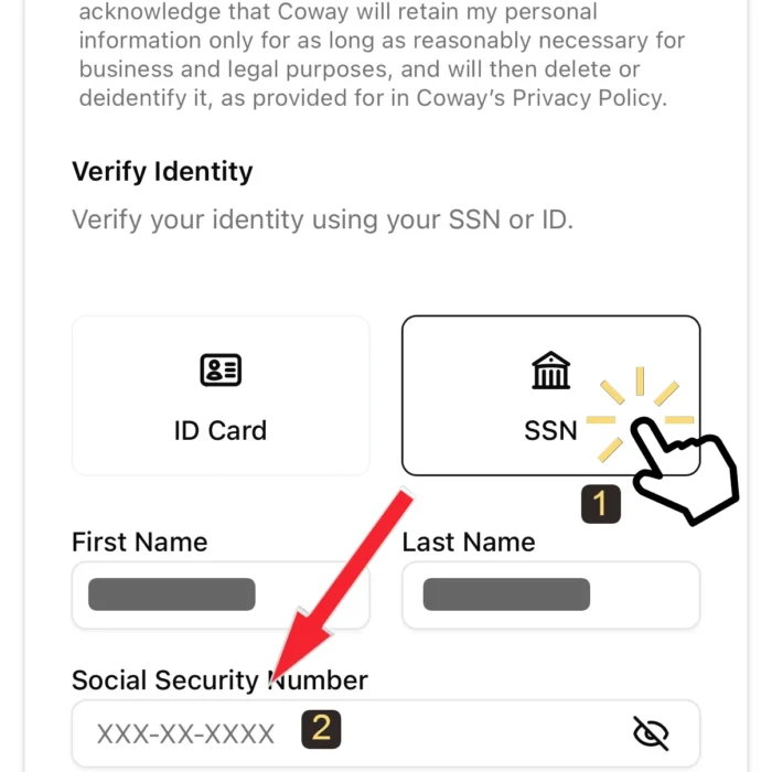 Coway USA identity verification screen showing the SSN option selected, with fields for Name and Social Security Number.
