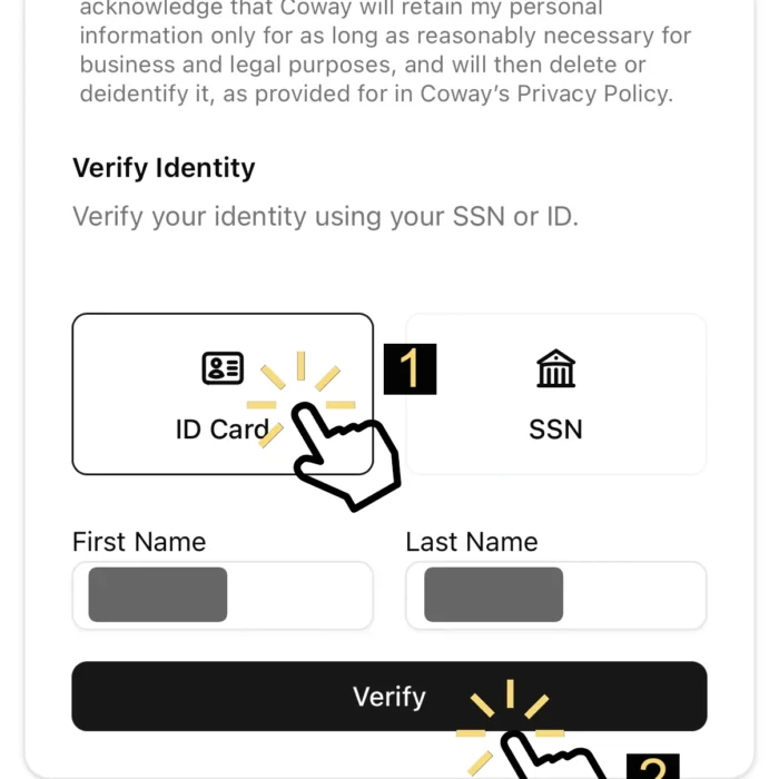 Coway USA Personal Detail screen where users select 'ID Card' and enter their First and Last Name for identity verification