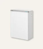 White Coway air purifier with a ribbed front panel, standing on a light beige background.