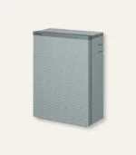 Coway tall grey air purifier with a slatted front panel and a small blue status light on top.