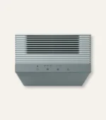 Wall-mounted air purifier with horizontal vent slats and a slim control panel for power and settings.