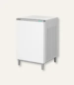 White Coway air purifier with ribbed sides and four legs, standing on a light background.