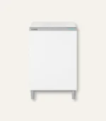 Front view of a white freestanding dishwasher with a gray top panel and a blue indicator light on the right side.