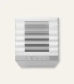 White wall-mounted range hood with horizontal vent slats and a gray control panel below.