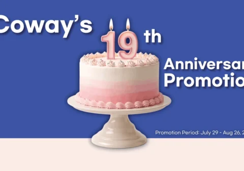 Pink-iced anniversary cake on a stand with candles forming 19, set against a blue banner that reads 'Coway's 19th Anniversary Promotion' and promotion dates at the bottom (Promotion Period: July 29 - Aug 26, 2026).