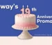 Pink-iced anniversary cake on a stand with candles forming 19, set against a blue banner that reads 'Coway's 19th Anniversary Promotion' and promotion dates at the bottom (Promotion Period: July 29 - Aug 26, 2026).