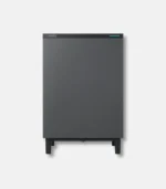 Dark gray Coway appliance on short legs, front view with a slim blue indicator at the top right.