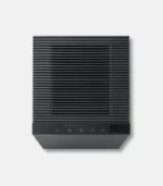 Black wall-mounted air purifier with horizontal vent slats and a control panel along the bottom area.