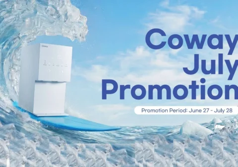 Coway July Summer Promotion water purifier rental and sale banner featuring sleek countertop filtration system on ice wave background for California, Texas, New York, New Jersey, and Georgia nationwide delivery.