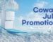 Coway July Summer Promotion water purifier rental and sale banner featuring sleek countertop filtration system on ice wave background for California, Texas, New York, New Jersey, and Georgia nationwide delivery.