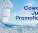 Coway July Summer Promotion water purifier rental and sale banner featuring sleek countertop filtration system on ice wave background for California, Texas, New York, New Jersey, and Georgia nationwide delivery.