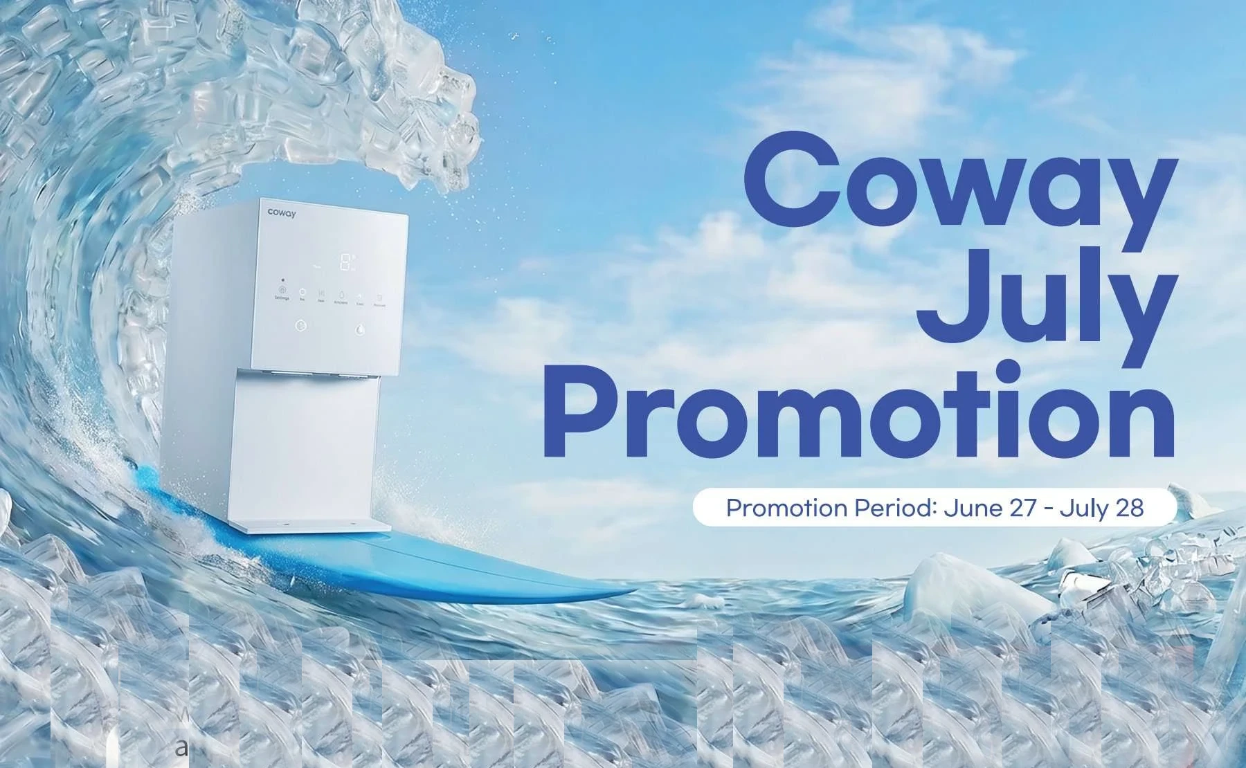 Coway July Summer Promotion water purifier rental and sale banner featuring sleek countertop filtration system on ice wave background for California, Texas, New York, New Jersey, and Georgia nationwide delivery.