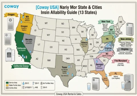Map of Coway USA rental and sales service areas across 13 states including California, Texas, New York, and New Jersey, highlighting water purifier, air purifier, bidet, and water softener availability.