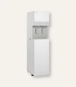 Tall white water dispenser with dual taps and a bottom refrigerator, brand Coway visible on the top unit.