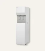White freestanding water cooler with two taps and a bottom storage cabinet, set against a light beige background.