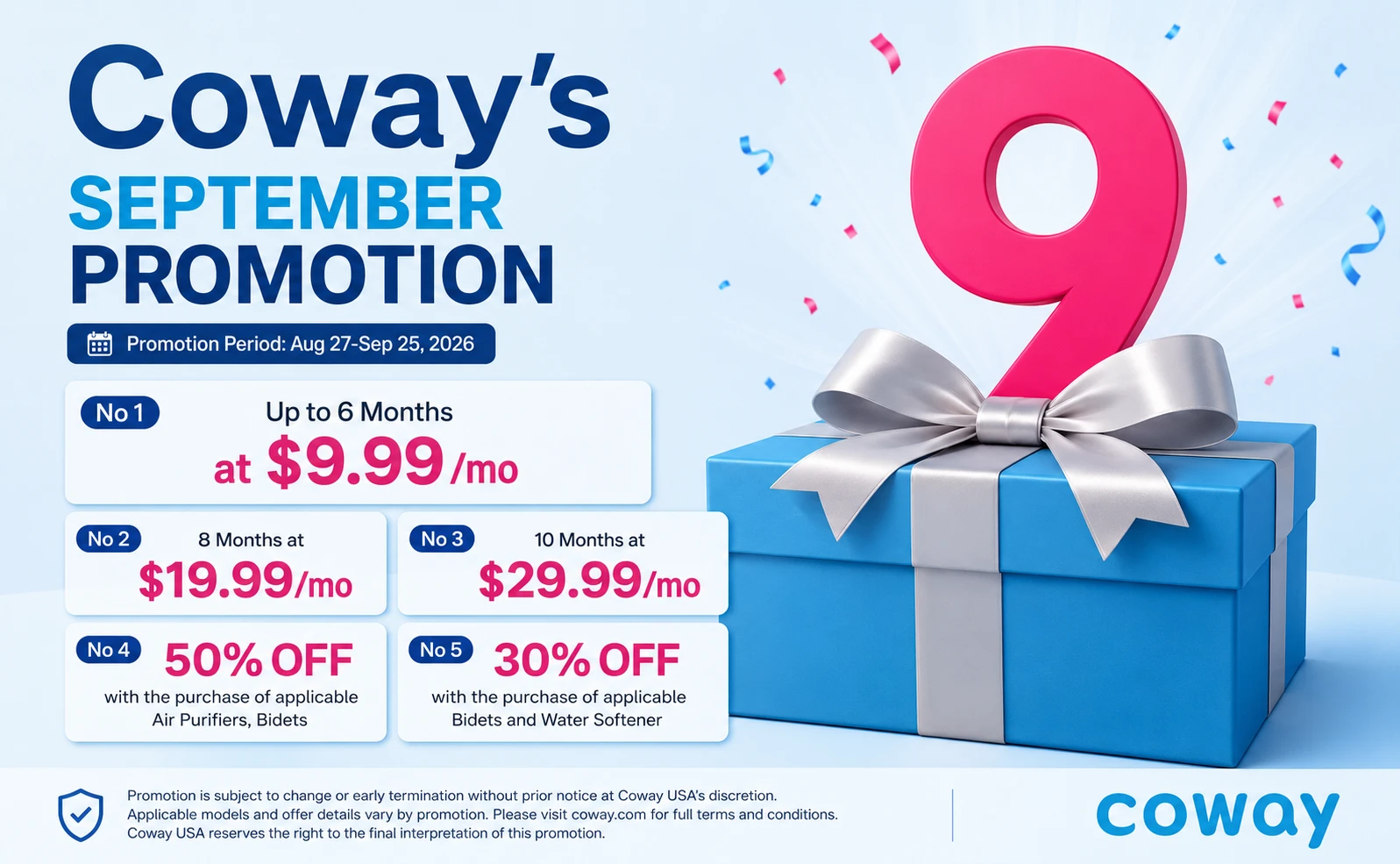 Coway September Promotion banner featuring a large pink '9' on a blue gift box with silver ribbon and multiple pricing panels for monthly plans and discounts.