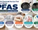 Infographic listing common PFAS sources in homes: carpets, upholstery, food packaging, cosmetics, and cleaners.