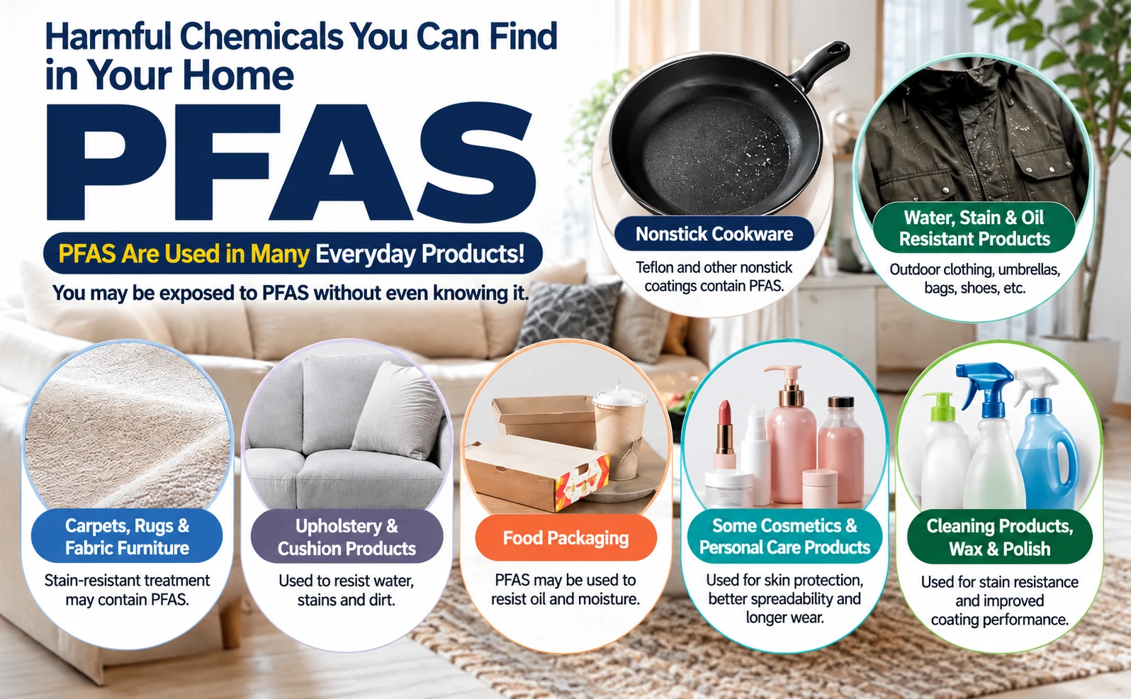 Infographic listing common PFAS sources in homes: carpets, upholstery, food packaging, cosmetics, and cleaners.